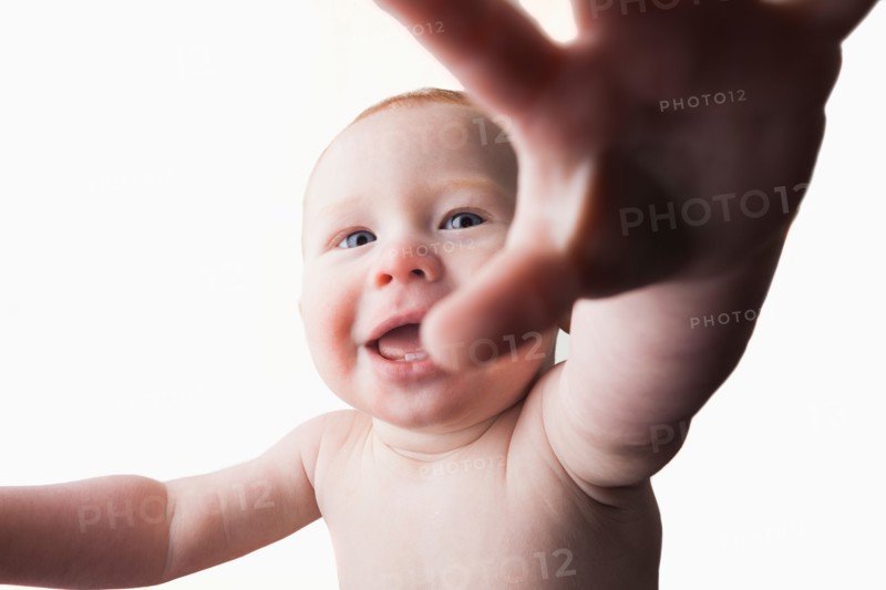 Studio shot of baby boy (18-23 months) reaching camera