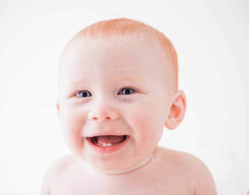 Studio shot portrait of laughing baby boy (18-23 months)