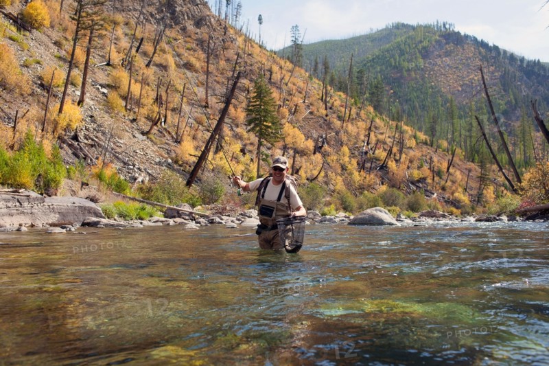 Fisherman wading in river