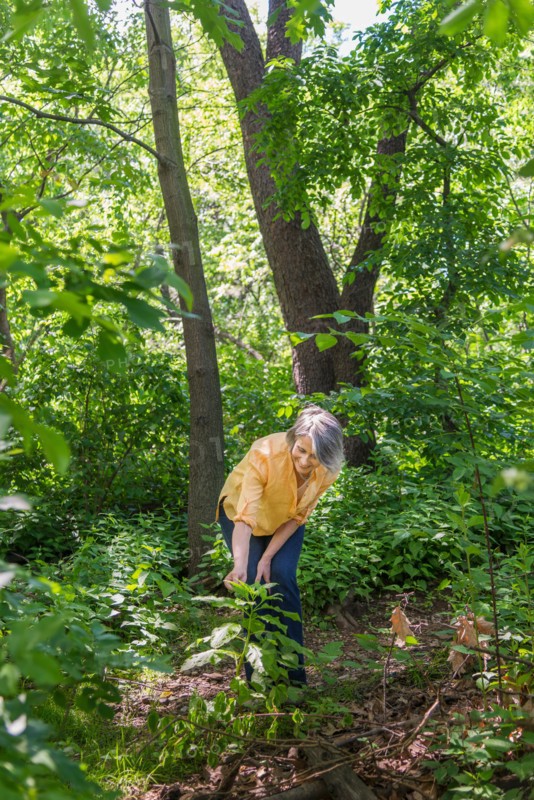 Central Park, New York City. Senior woman hiking in forest.