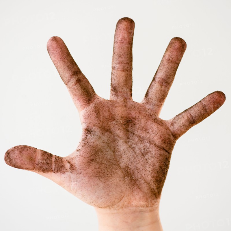 Child hand covered with plant soil