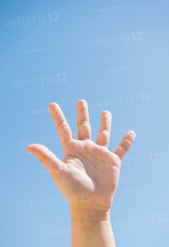 Girl's (8-9) palm against blue sky