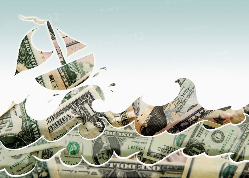 Boat on heavy waves made of paper currency