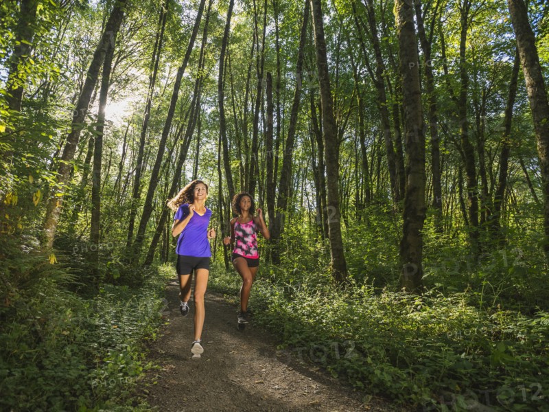 Two young women jogging in forest. USA, Oregon, Portland.