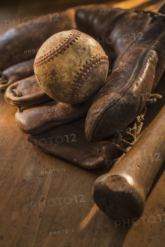 Antique baseball, glove and bat.