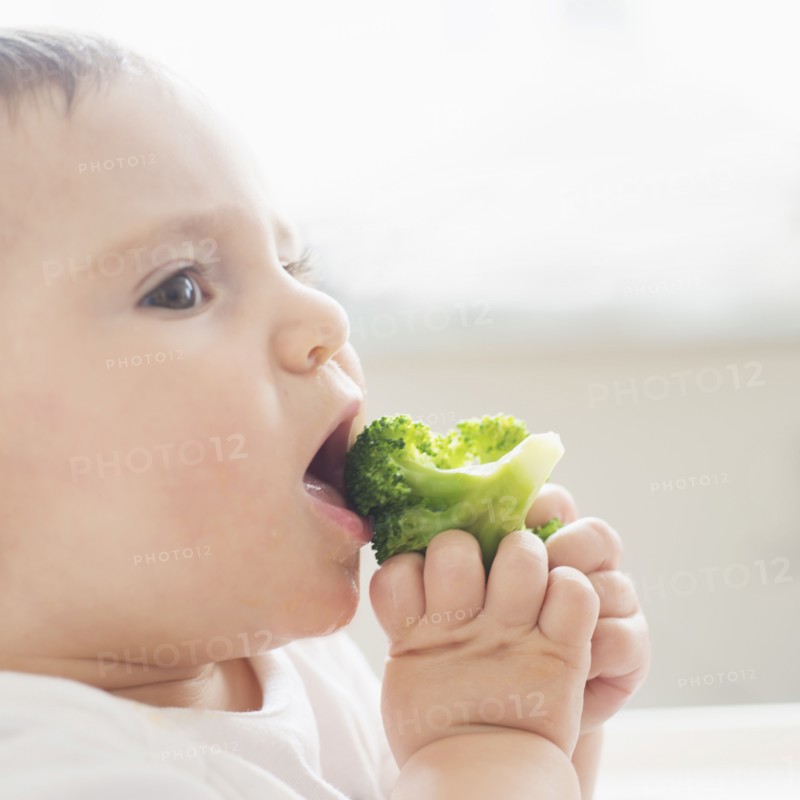 Baby girl (12-17 months) eating broccoli.