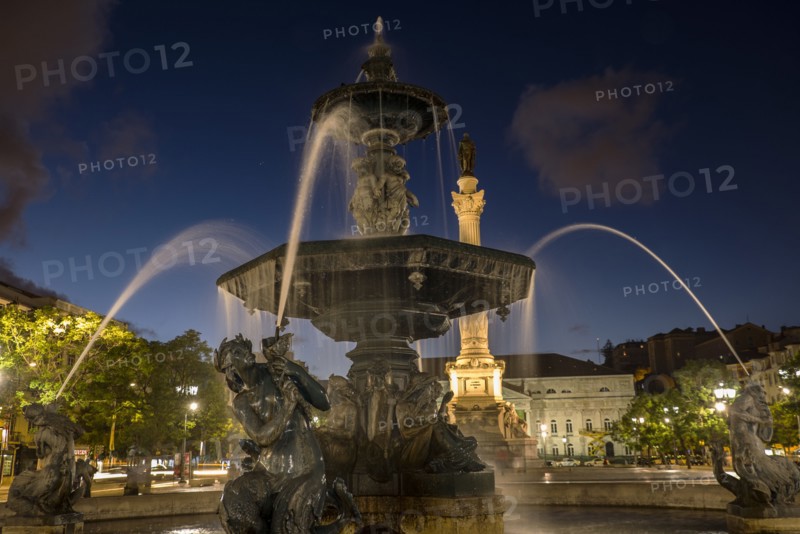 Fountain in Plaza de Pedro IV. Lisbon, Portugal.