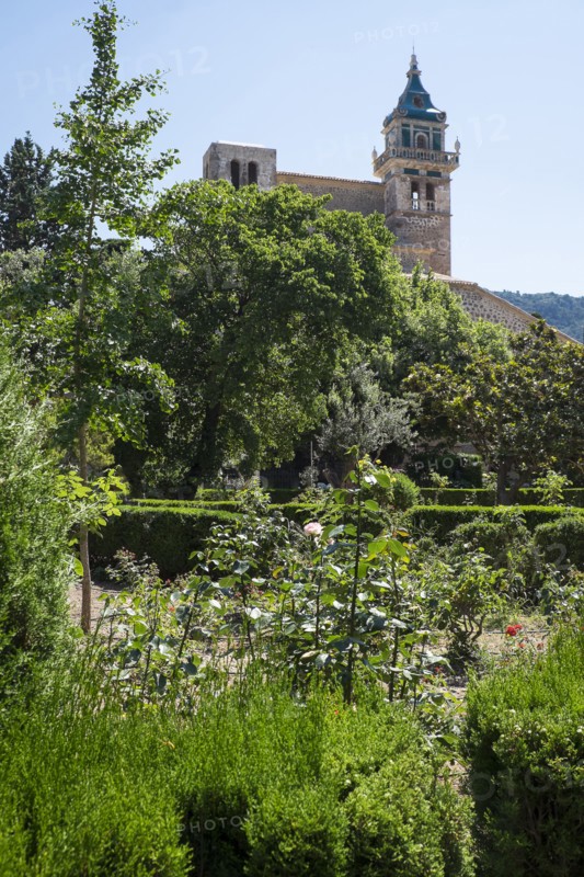 Monastery in garden. Valldemossa, Mallorca, Spain.