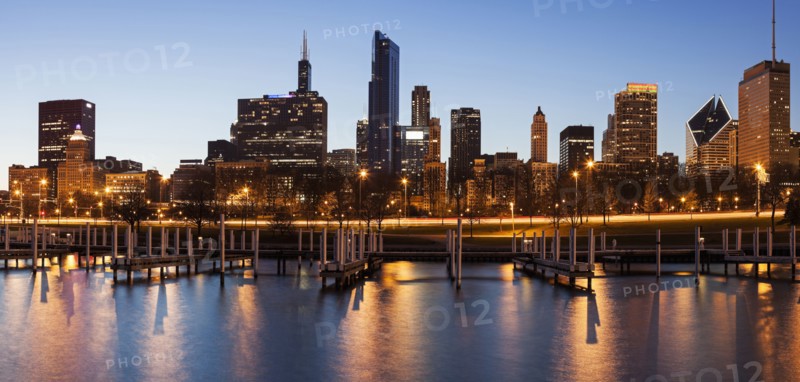 Skyline at dusk seen from marina