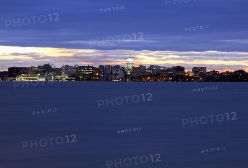City skyline at sunset