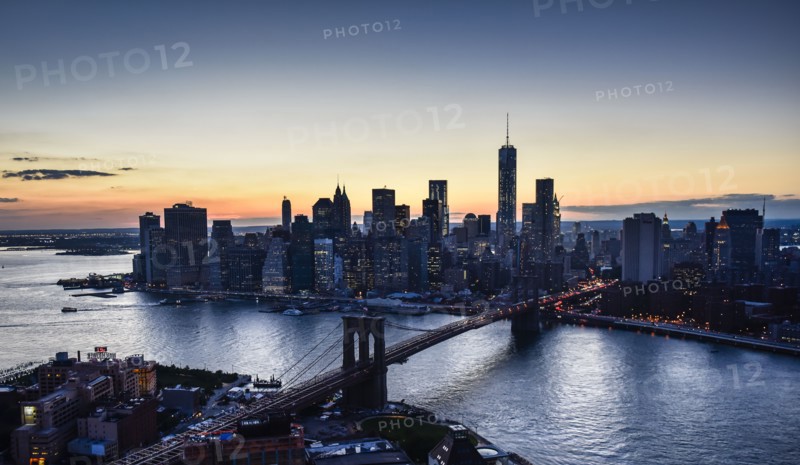 Aerial view of downtown at dusk. New York City, New York.