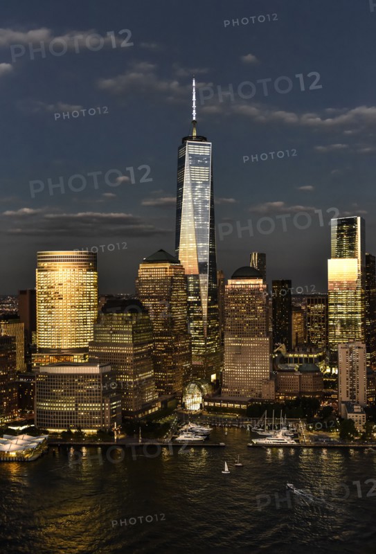 Aerial view of city with Freedom tower at night. New York City, New York.