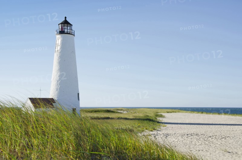 Great Point Lighthouse on overgrown beach against clear sky