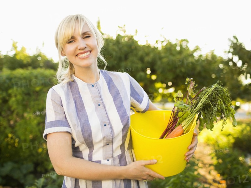 Woman picking vegetables in garden