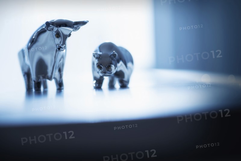 Close-up of ceramic bull and bear.