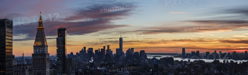 Panoramic view of city at dusk. New York City, New York.