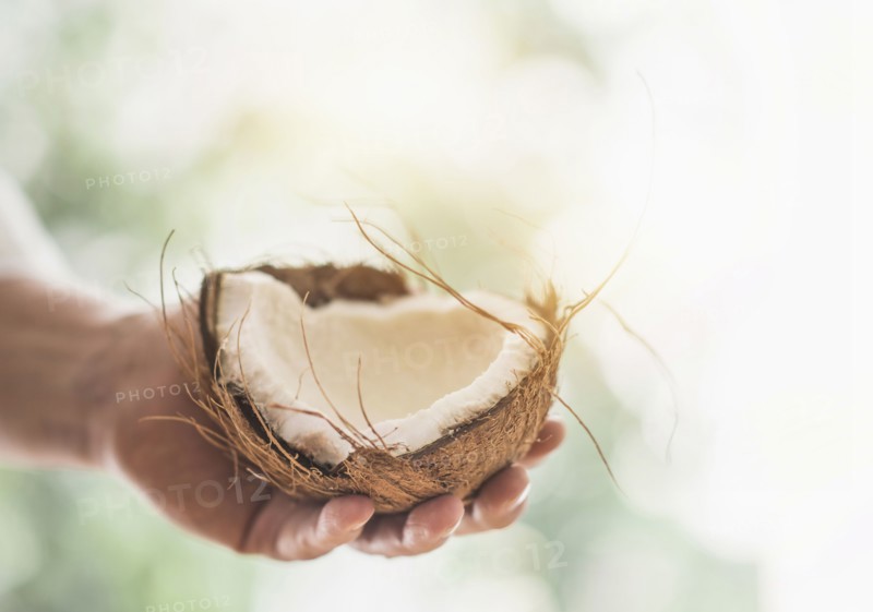 Close up of man's hand holding part of coconut.