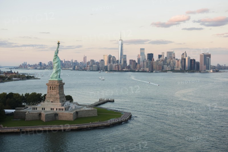 Aerial view of Statue of Liberty and city skyline