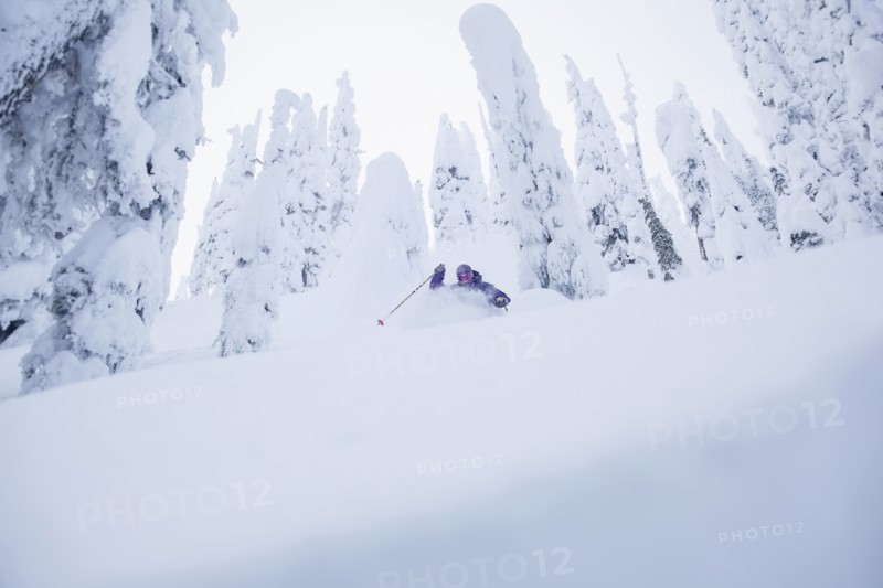 Young man skiing in forest