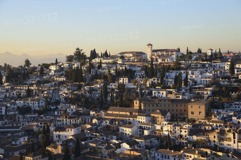High angle view of old town on hill