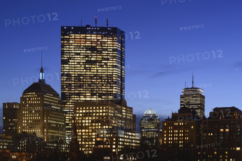 Illuminated office buildings at dusk