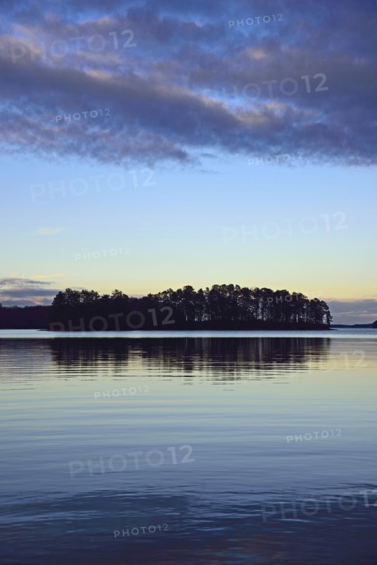 Symmetrical view of trees reflecting in lake at dusk