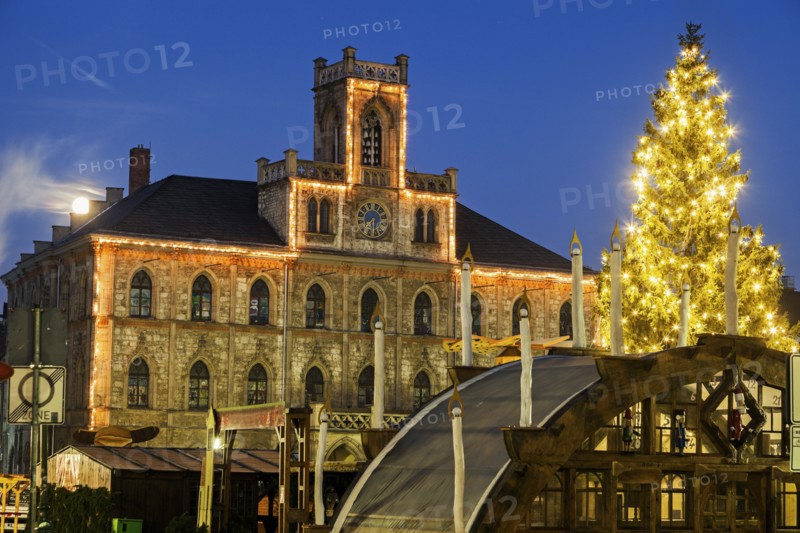 Illuminated Christmas tree and town hall