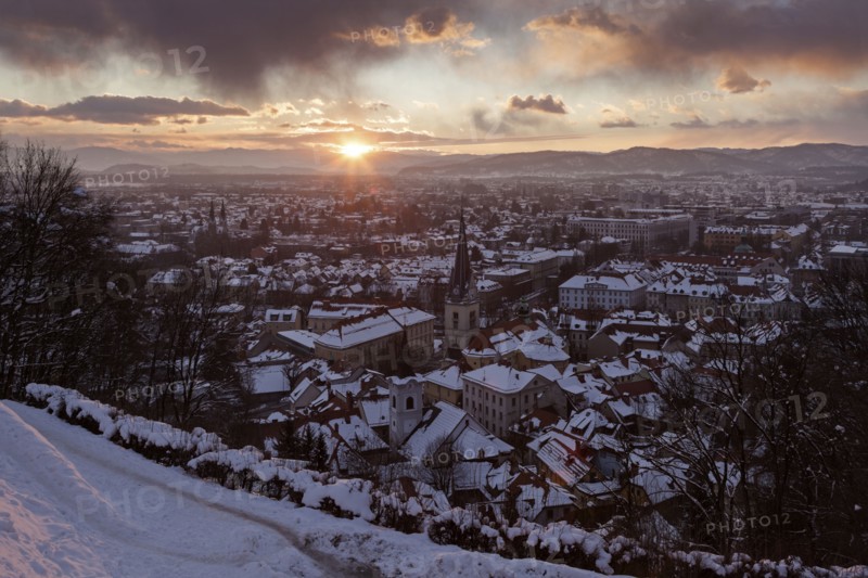 Winter cityscape at sunrise