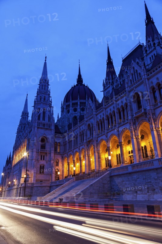 Illuminated Hungarian Parliament and light trails