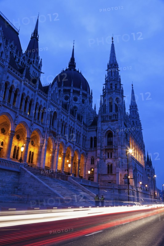 Illuminated Hungarian Parliament and light trails