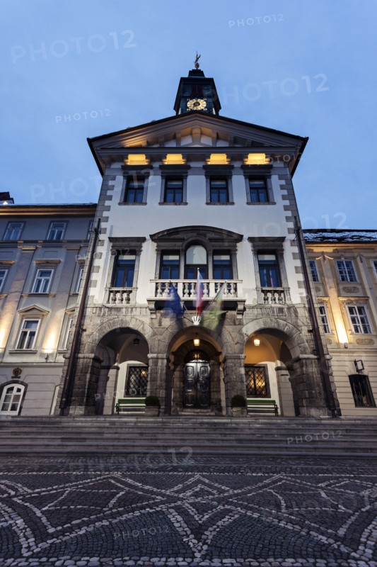 Illuminated facade of Ljubljana City Hall