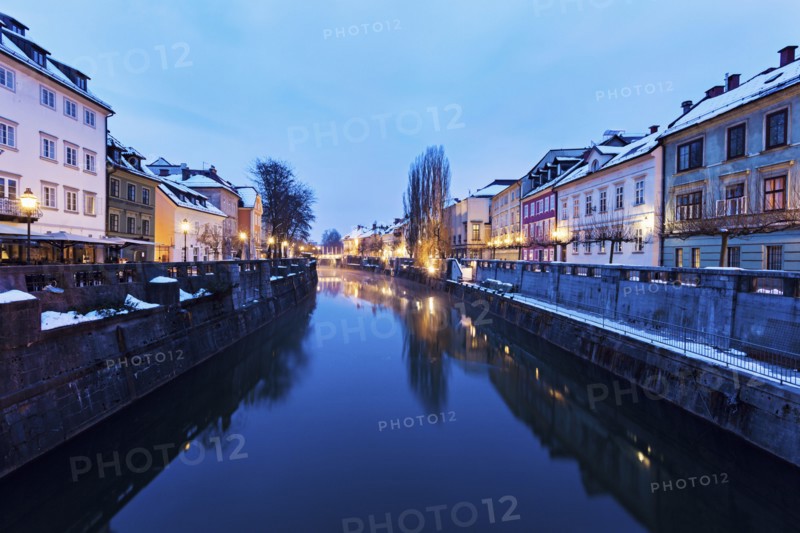 View along Ljubljanica River at dusk