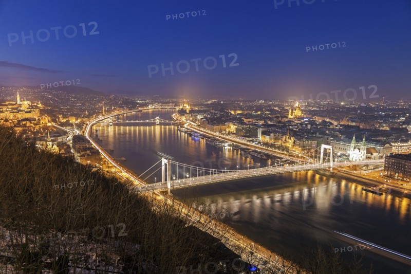 Waterfront cityscape with illuminated Elisabeth Bridge