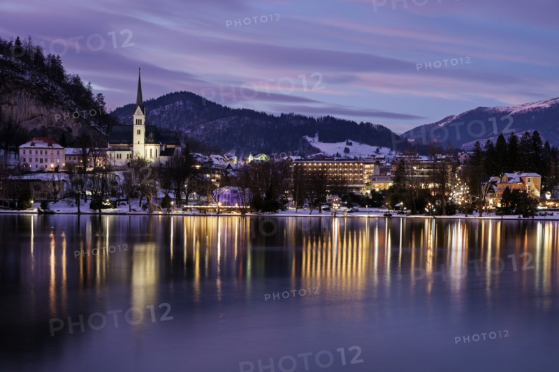 Lake Bled and illuminated waterfront