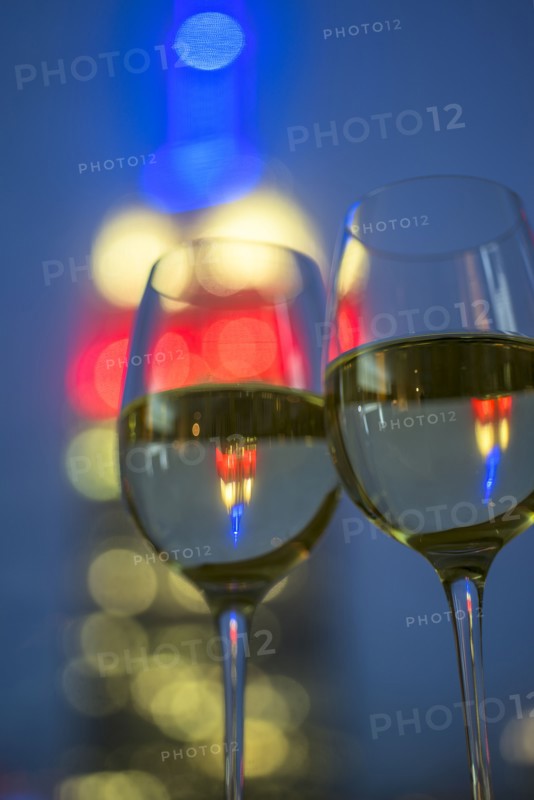 View of two wineglasses with white wine. USA, New York, New York City.