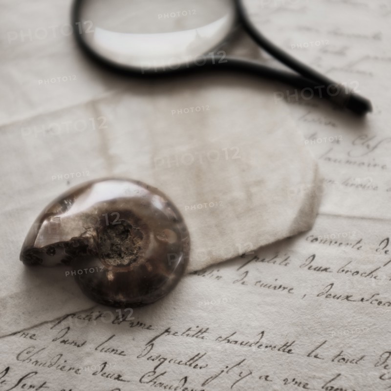 Old magnifying glass, shell and letters.