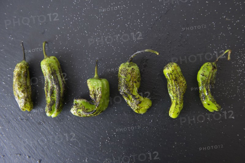 Studio shot of grilled shishito peppers