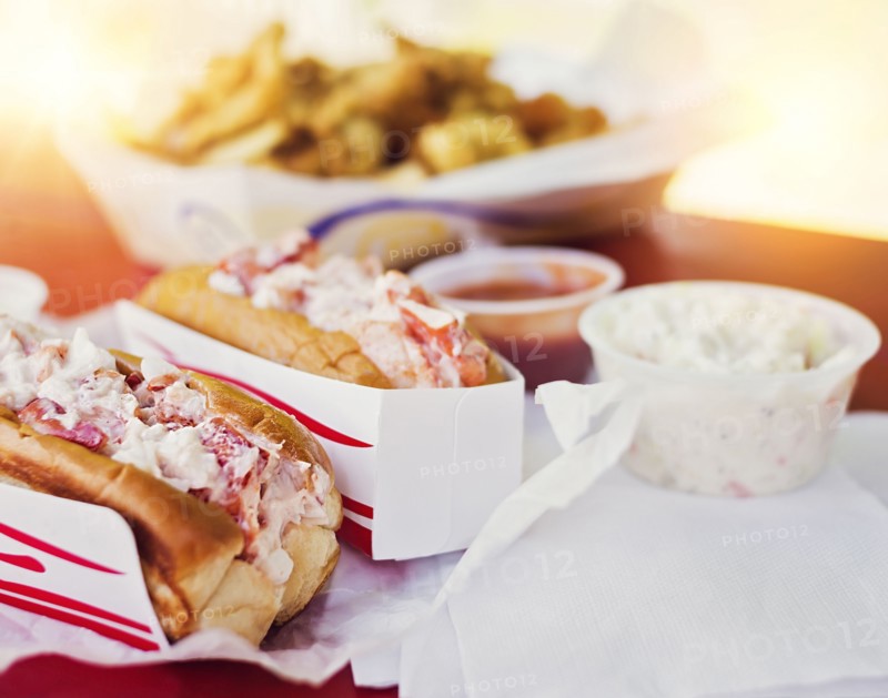 View of lobster sandwiches and salad