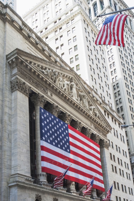American flag on facade of New York Stock Exchange building