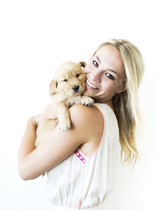 Studio shot of Golden Retriever puppy with owner