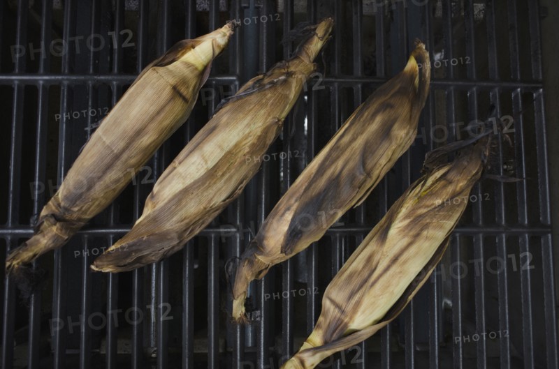 Directly above view of corncobs on barbecue