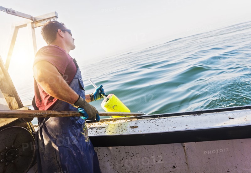 Fisherman throwing lobster buoy