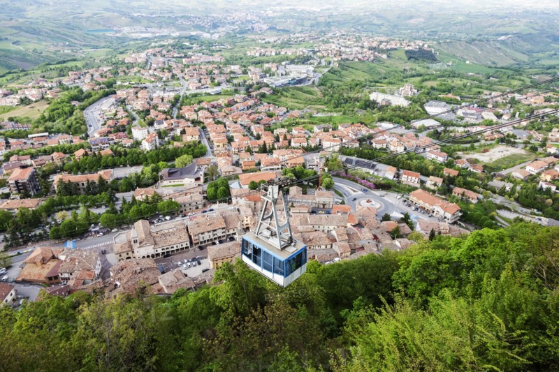 Overhead cable car with townscape in background