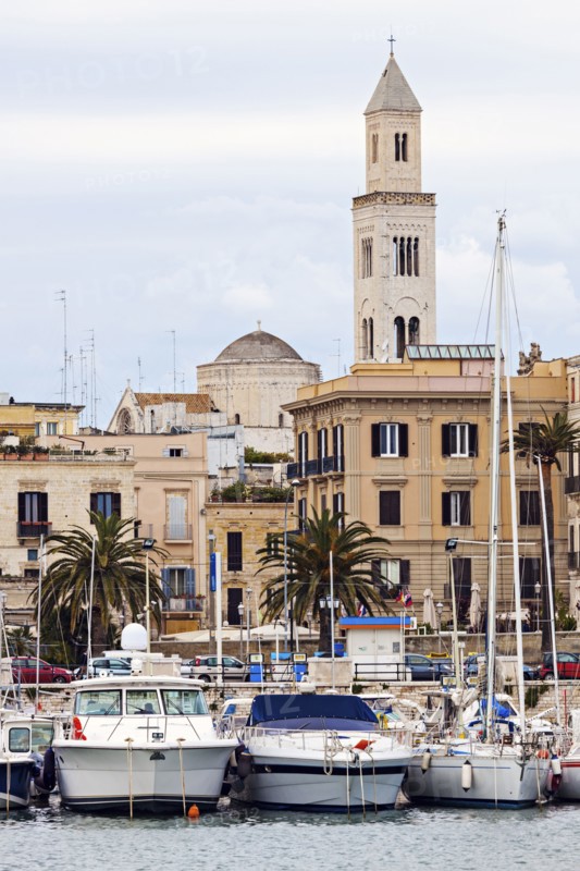 Boats in marina with city buildings in background