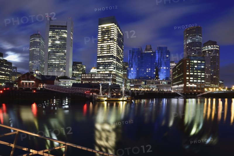 Waterfront reflected in Fort Point Channel at dawn