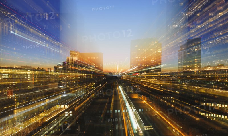 Financial District, Composite image of illuminated financial district at dusk