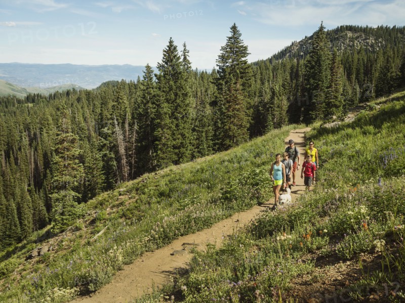 Family with children (10-11, 12-13, 14-15) hiking in mountains