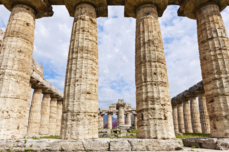 Old architectural columns of Paestum ruins