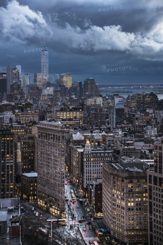 Overcast sky over cityscape. USA, New York, New York City.