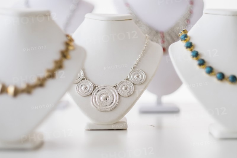 Necklaces on display.